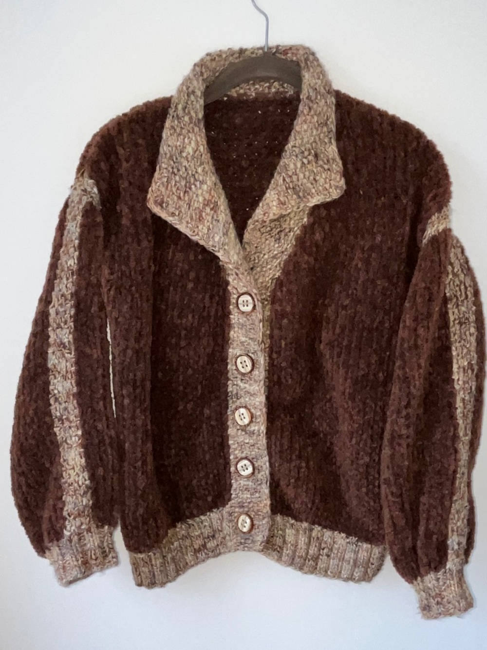 Hand-Knit Womens Sweater Brown Wool Chenille Cardigan Wood Button Sm/Med Vintage
